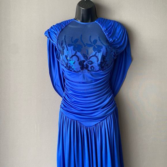 Climax by Karen Okada sz 8 Blue Sequin Sheer Midi Vintage Cocktail Dress - Picture 2 of 13